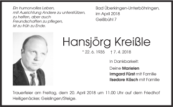 Traueranzeige von Hansjörg Kreißle von Geislinger Zeitung