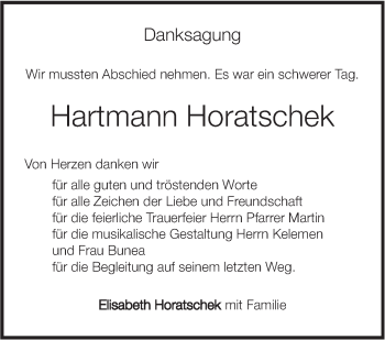 Traueranzeige von Hartmann Horatschek von SÜDWEST PRESSE Ausgabe Ulm/Neu-Ulm