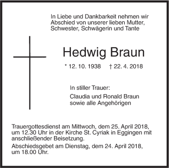 Traueranzeige von Hedwig Braun von SÜDWEST PRESSE Ausgabe Ulm/Neu-Ulm