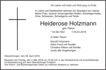 Traueranzeige von Heiderose Holzmann von SÜDWEST PRESSE Ausgabe Ulm/Neu-Ulm