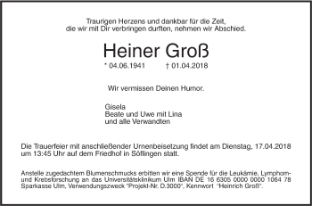 Traueranzeige von Heiner Groß von SÜDWEST PRESSE Ausgabe Ulm/Neu-Ulm