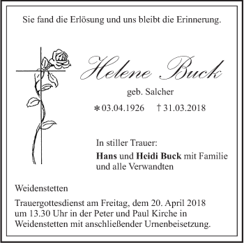 Traueranzeige von Helene Buck von SÜDWEST PRESSE Ausgabe Ulm/Neu-Ulm