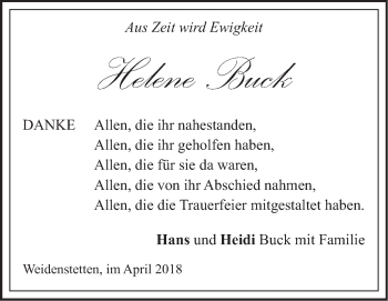 Traueranzeige von Helene Buck von SÜDWEST PRESSE Ausgabe Ulm/Neu-Ulm