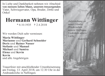 Traueranzeige von Hermann Wittlinger von SÜDWEST PRESSE Ausgabe Ulm/Neu-Ulm