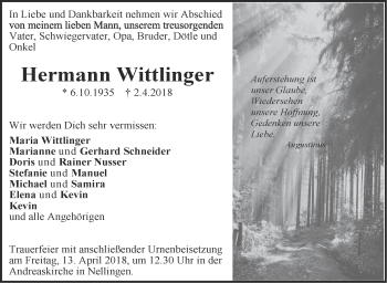 Traueranzeige von Hermann Wittlinger von Geislinger Zeitung