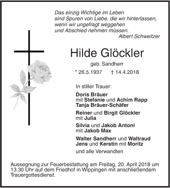 Traueranzeige von Hilde Glöckler von SÜDWEST PRESSE Ausgabe Ulm/Neu-Ulm