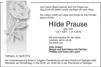 Traueranzeige von Hilde Prause von Ehinger Tagblatt