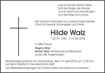 Traueranzeige von Hilde Walz von Metzinger-Uracher Volksblatt