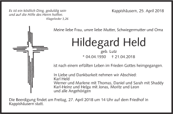 Traueranzeige von Hildegard Held von Metzinger-Uracher Volksblatt