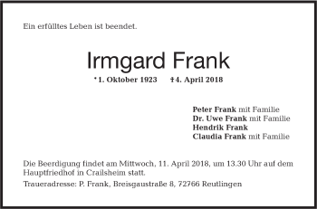 Traueranzeige von Irmgard Frank von Hohenloher Tagblatt