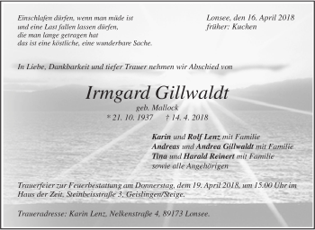 Traueranzeige von Irmgard Gillwaldt von Geislinger Zeitung