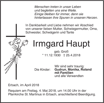 Traueranzeige von Irmgard Haupt von SÜDWEST PRESSE Ausgabe Ulm/Neu-Ulm