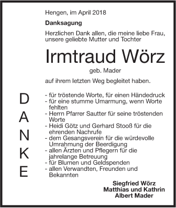 Traueranzeige von Irmtraud Wörz von Metzinger-Uracher Volksblatt