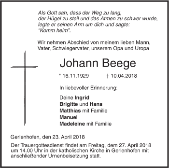 Traueranzeige von Johann Beege von SÜDWEST PRESSE Ausgabe Ulm/Neu-Ulm