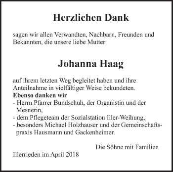 Traueranzeige von Johanna Haag von Illertal Bote