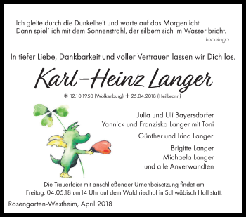 Traueranzeige von Karl-Heinz Langer von Haller Tagblatt