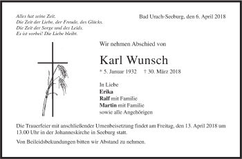 Traueranzeige von Karl Wunsch von Metzinger-Uracher Volksblatt