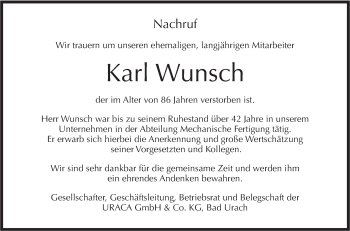 Traueranzeige von Karl Wunsch von Metzinger-Uracher Volksblatt