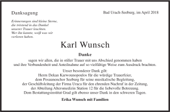 Traueranzeige von Karl Wunsch von Metzinger-Uracher Volksblatt