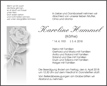 Traueranzeige von Karoline Hummel von Metzinger-Uracher Volksblatt