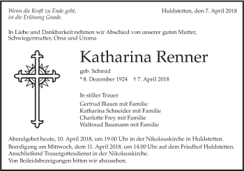 Traueranzeige von Katharina Renner von Alb-Bote/Metzinger-Uracher Volksblatt