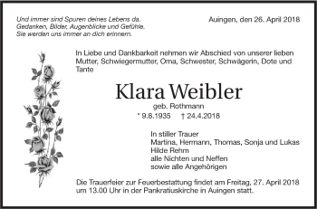 Traueranzeige von Klara Weibler von Metzinger-Uracher Volksblatt