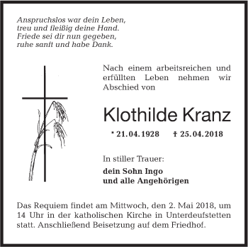 Traueranzeige von Klothilde Kranz von Hohenloher Tagblatt