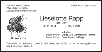 Traueranzeige von Lieselotte Rapp von NWZ Neue Württembergische Zeitung