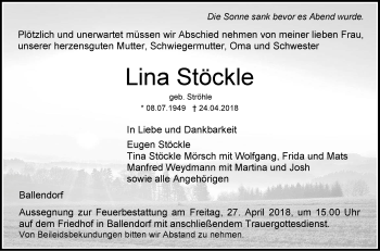 Traueranzeige von Lina Stöckle von SÜDWEST PRESSE Ausgabe Ulm/Neu-Ulm