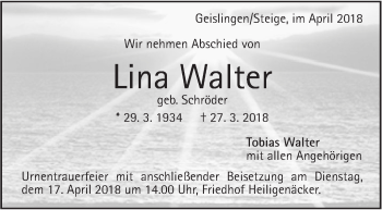 Traueranzeige von Lina Walter von Geislinger Zeitung