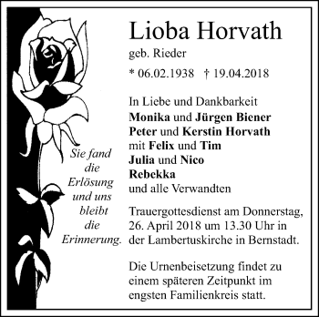 Traueranzeige von Lioba Horvath von SÜDWEST PRESSE Ausgabe Ulm/Neu-Ulm