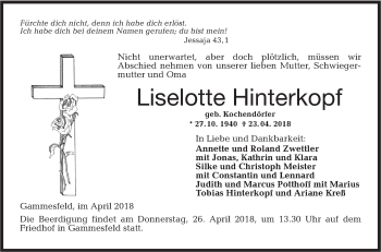 Traueranzeige von Liselotte Hinterkopf von Hohenloher Tagblatt