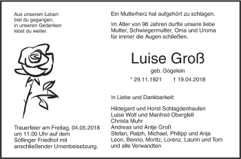 Traueranzeige von Luise Groß von SÜDWEST PRESSE Ausgabe Ulm/Neu-Ulm