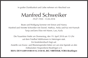 Traueranzeige von Manfred Schweiker von Metzinger-Uracher Volksblatt