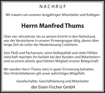 Traueranzeige von Manfred Thums von Hohenloher Tagblatt