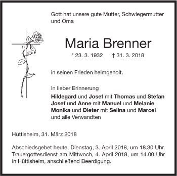 Traueranzeige von Maria Brenner von SÜDWEST PRESSE Ausgabe Ulm/Neu-Ulm