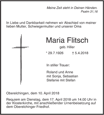 Traueranzeige von Maria Flitsch von SÜDWEST PRESSE Ausgabe Ulm/Neu-Ulm