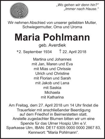 Traueranzeige von Maria Pohlmann von SÜDWEST PRESSE Ausgabe Ulm/Neu-Ulm