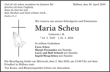 Traueranzeige von Maria Scheu von Alb-Bote/Metzinger-Uracher Volksblatt