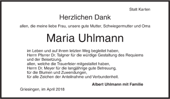 Traueranzeige von Maria Uhlmann von Ehinger Tagblatt