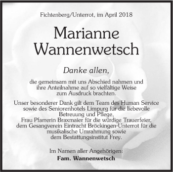 Traueranzeige von Marianne Wannenwetsch von Rundschau Gaildorf