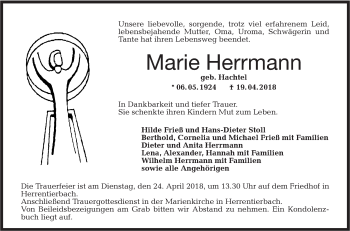 Traueranzeige von Marie Herrmann von Hohenloher Tagblatt