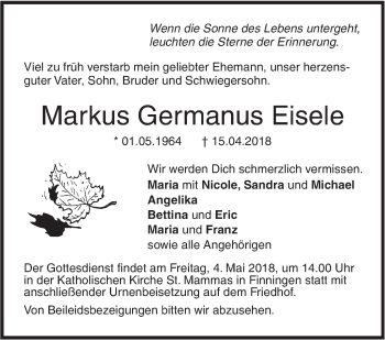 Traueranzeige von Markus Germanus Eisele von SÜDWEST PRESSE Ausgabe Ulm/Neu-Ulm