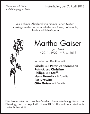 Traueranzeige von Martha Gaiser von NWZ Neue Württembergische Zeitung