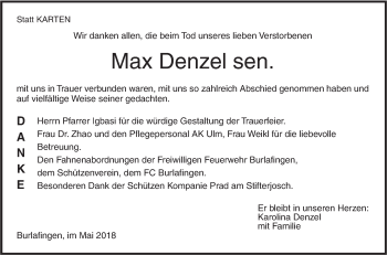 Traueranzeige von Max Denzel von SÜDWEST PRESSE Ausgabe Ulm/Neu-Ulm