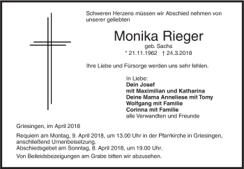 Traueranzeige von Monika Rieger von Ehinger Tagblatt