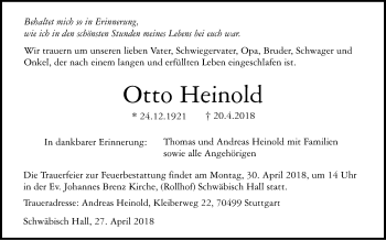 Traueranzeige von Otto Heinold von Haller Tagblatt