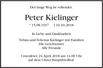 Traueranzeige von Peter Kielinger von SÜDWEST PRESSE Ausgabe Ulm/Neu-Ulm