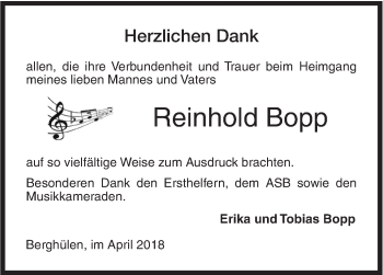 Traueranzeige von Reinhold Bopp von SÜDWEST PRESSE Ausgabe Ulm/Neu-Ulm