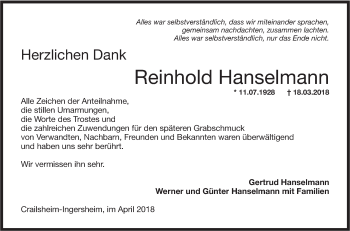 Traueranzeige von Reinhold Hanselmann von Hohenloher Tagblatt